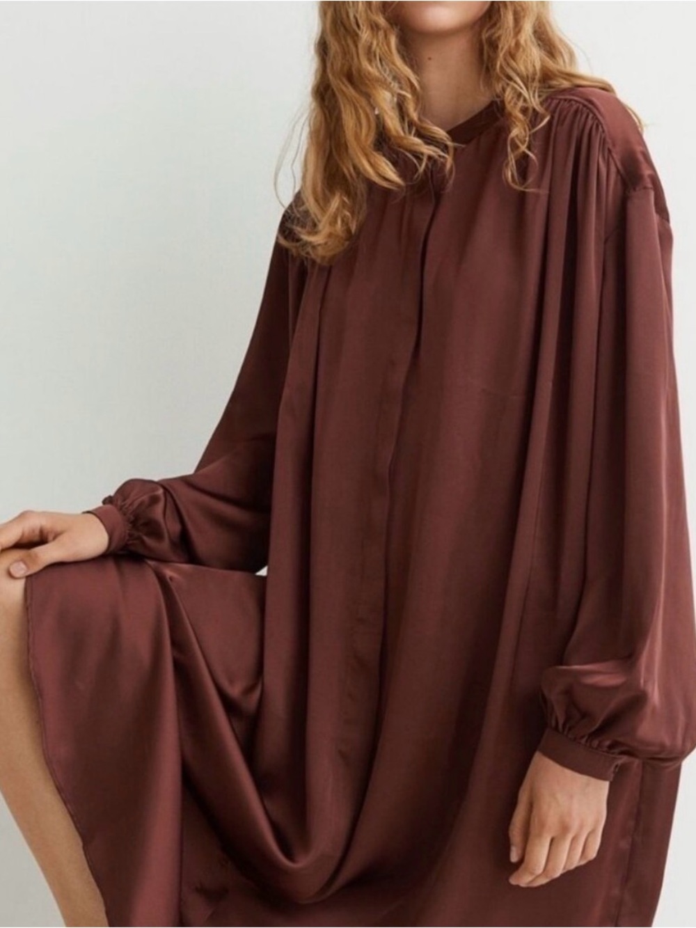 H&M Relaxed Long-Sleeve Satin Dress in Chocolate Brown